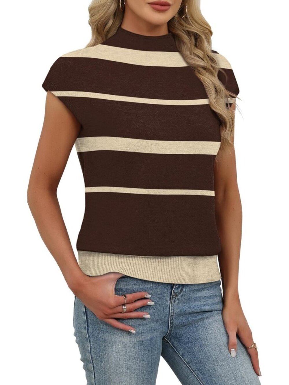 Women's Striped Brown Apricot Mock Neck Sweater Short Sleeve Pullover Casual Top - Picture 4 of 5